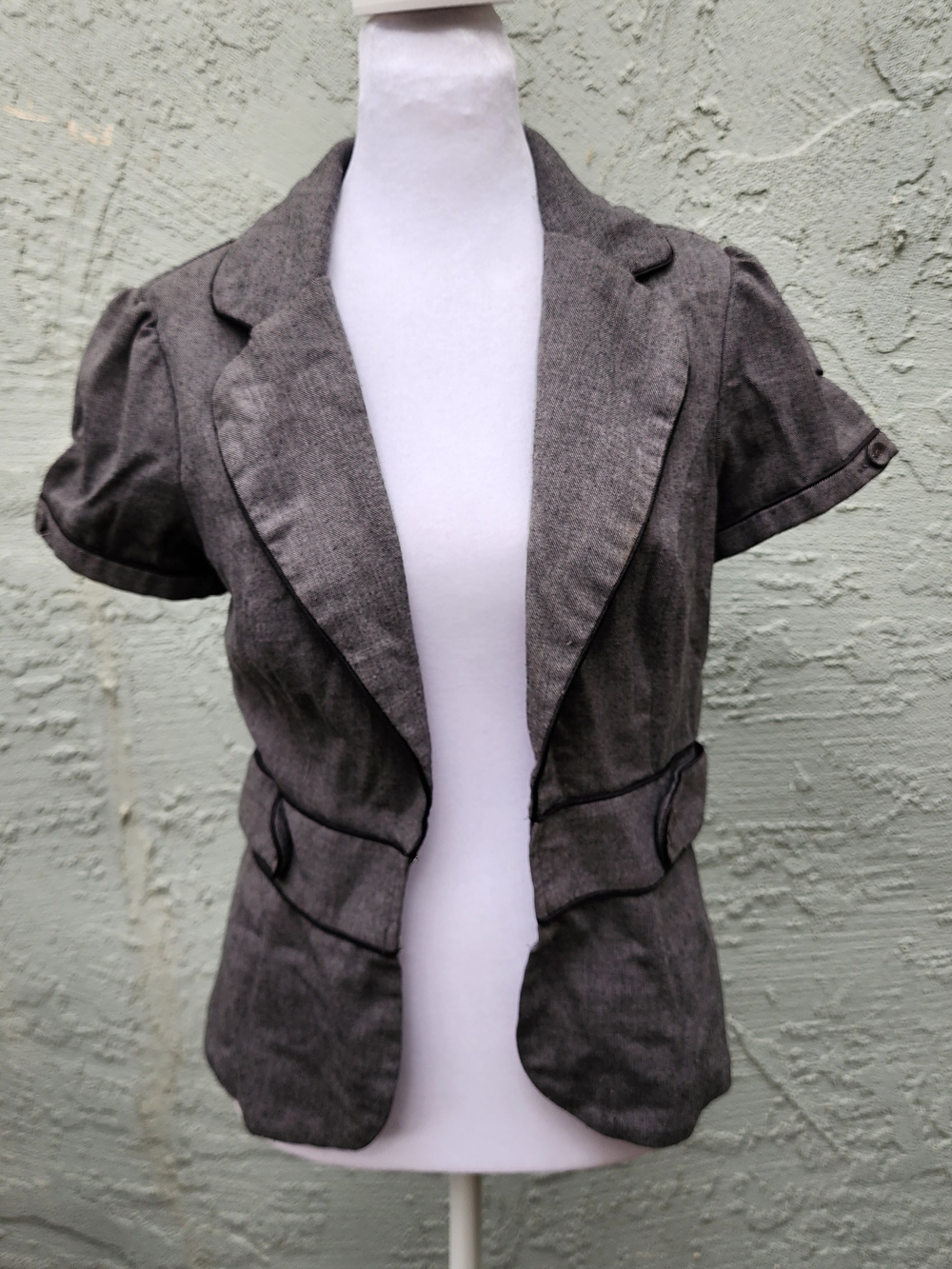 Stooshy Gray Herringbone Short Puff Sleeve Open Front Blazer Jacket [S]